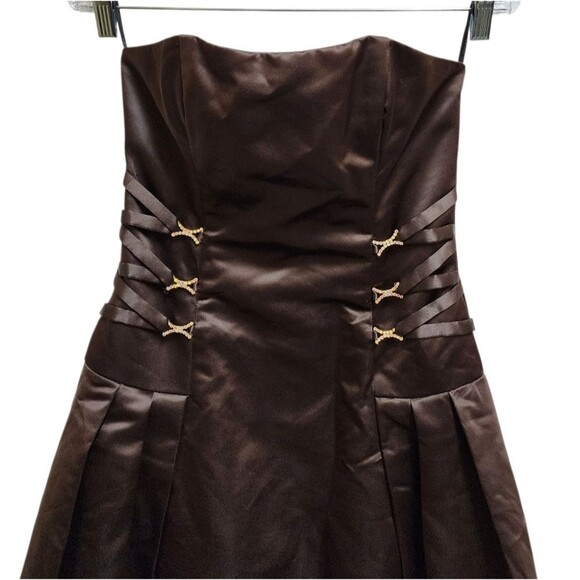 Jessica McClintock Dress Sz 8 Brown Satin Lace Strapless Rhinestone Prom Formal - Picture 3 of 9